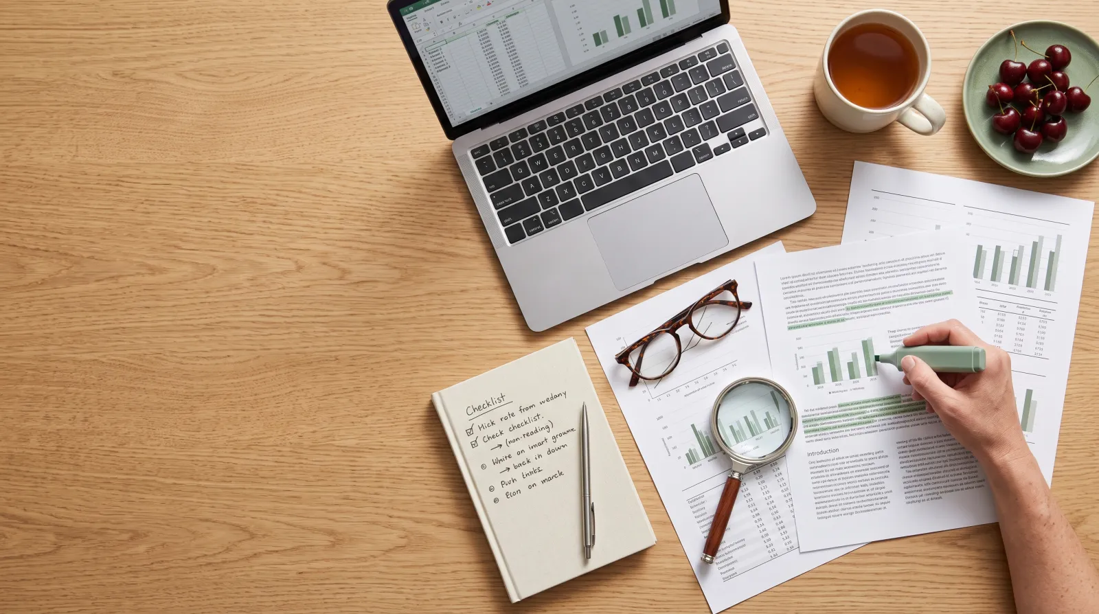Research papers being highlighted and checked with a magnifying glass on a desk