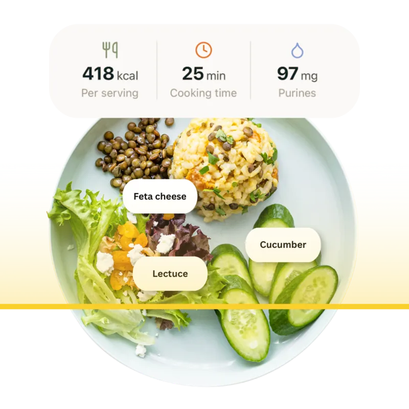 GoutSnap AI food scanner showing instant purine analysis on a smartphone