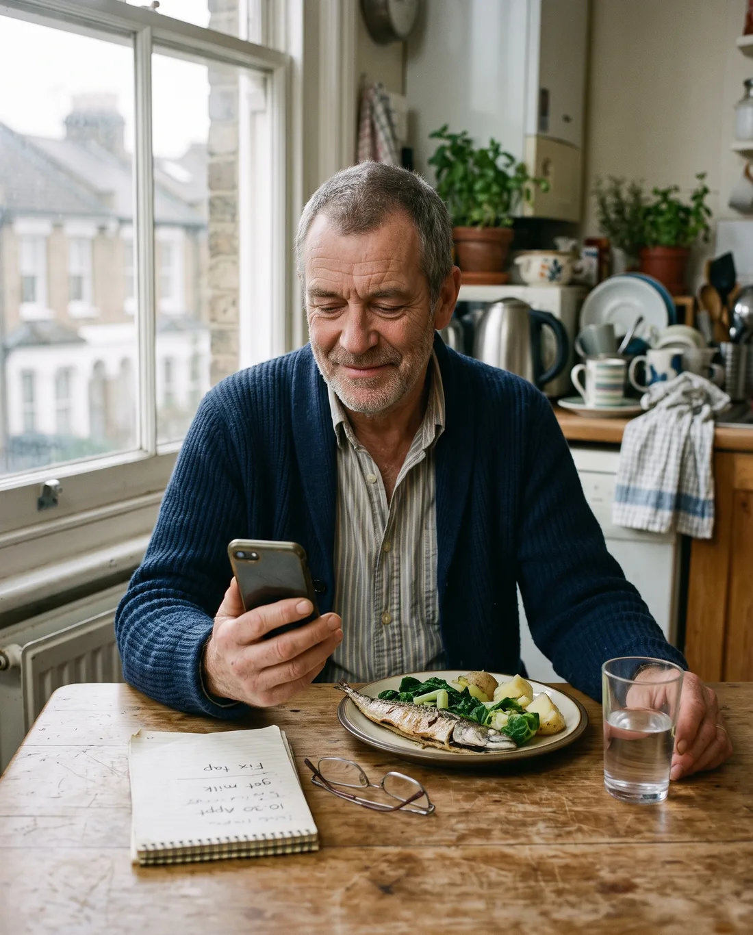 A man in his fifties at a kitchen table checking his phone next to a plate of grilled fish and greens