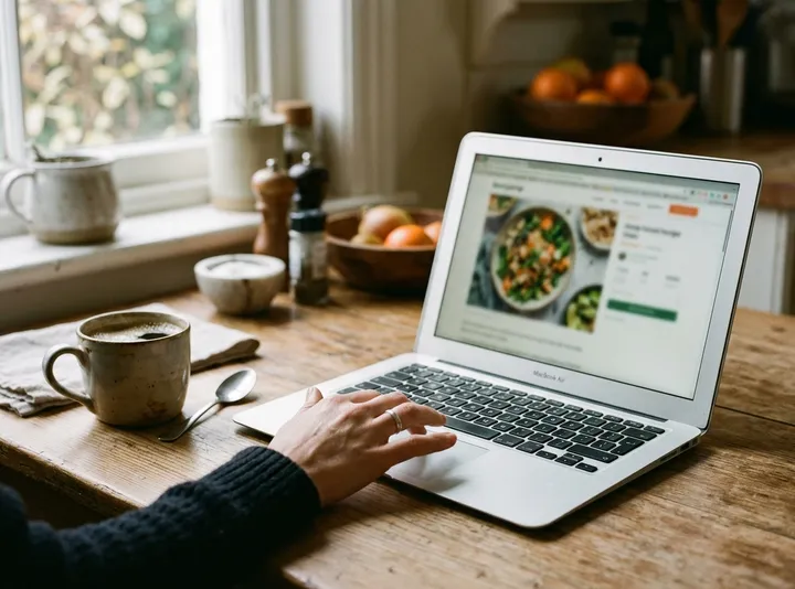 A hand on a laptop trackpad showing a recipe page, with a cup of coffee beside it