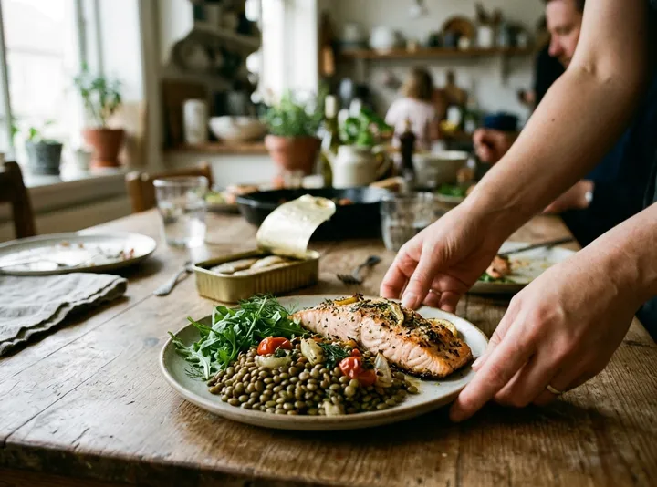 Hands reaching for a plate of baked salmon and lentils with an open tin of sardines behind it