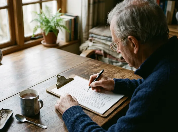 An older man filling in a paper questionnaire on a clipboard at a wooden table