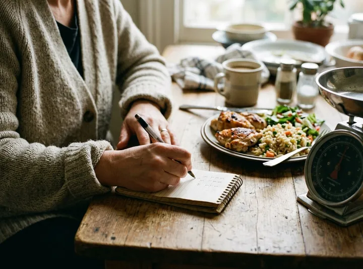 A woman noting down her meal in a notepad beside a plate of chicken and rice and a kitchen scale