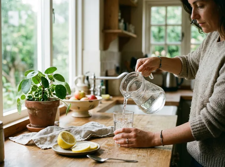 A woman pouring water from a glass jug into a tumbler in a bright kitchen
