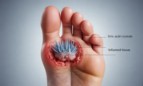 Uric acid crystals in joints and urine can cause gout and kidney stones
