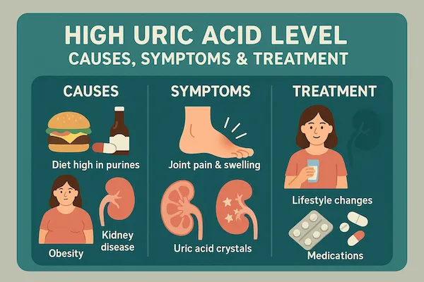 High uric acid treatment (medications, diet, and lifestyle changes) to lower uric acid levels